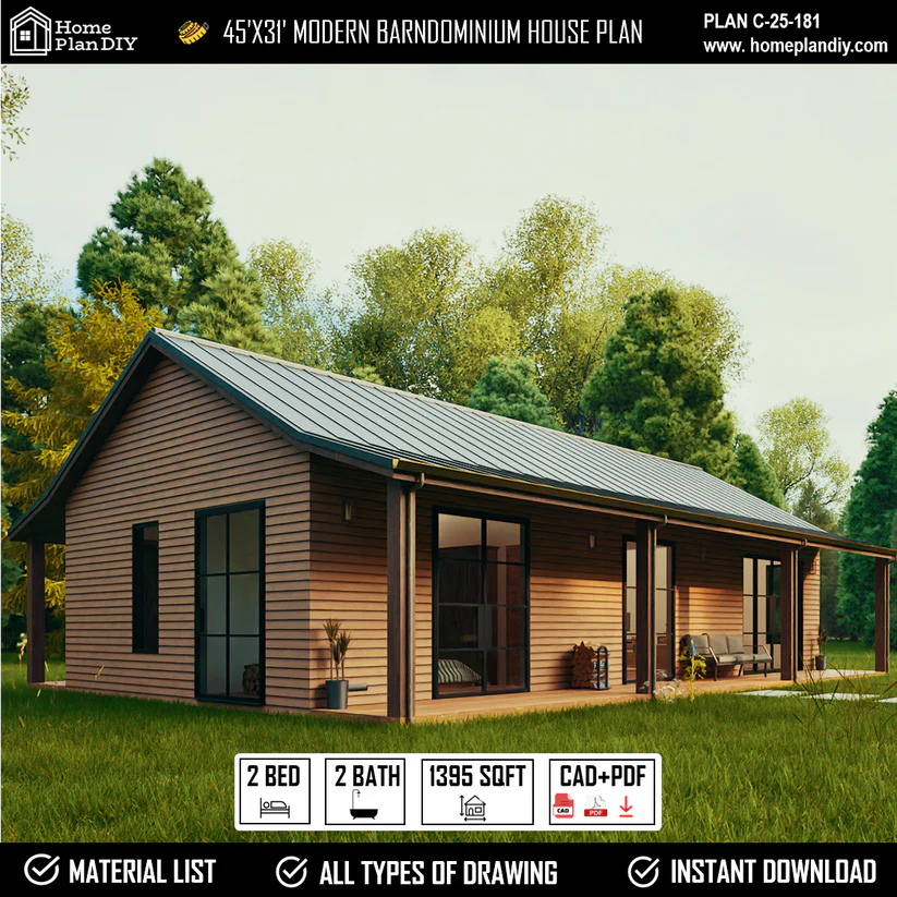 Modern barndominium house plan with greenery in the background