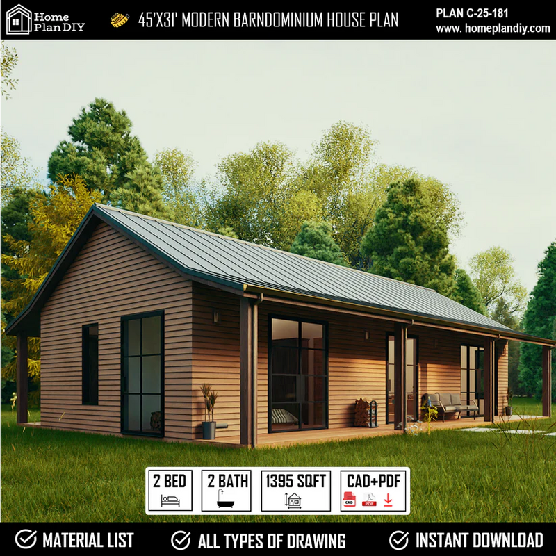 Modern barndominium house plan with greenery in the background