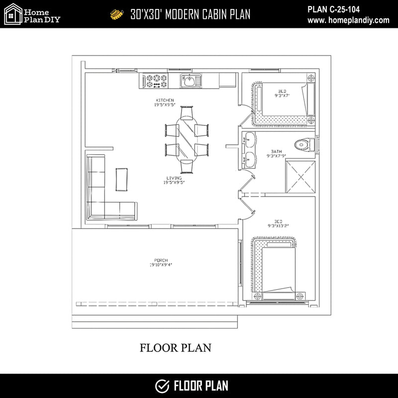 2 bedroom 1 bathroom modern cabin floor plan with loft