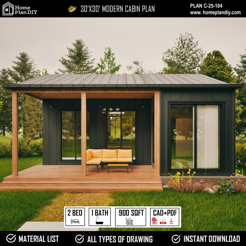 2 bedroom 1 bathroom modern cabin floor plan with loft