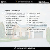 Cottage house plan with detailed list of included drawings and specifications.