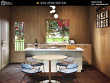 Modern kitchen with island, chairs, and decor elements.