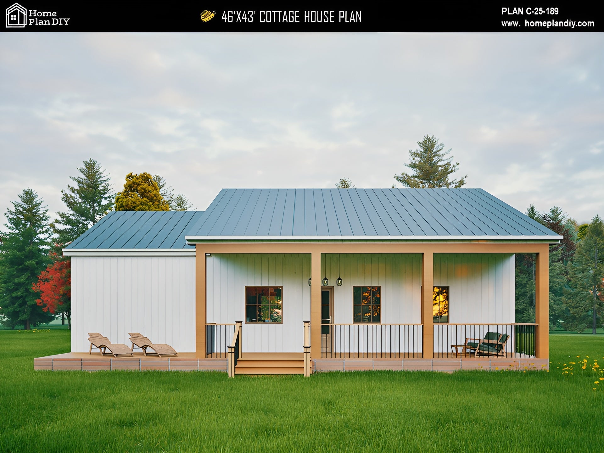 Modern cottage house plan with a blue roof and white walls, surrounded by greenery.