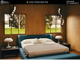 Modern bedroom with wooden walls, large windows, and a blue bed.