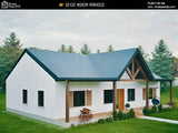 3 bedroom 2 bathroom barndominium floor plan with open-concept layout and slab foundation