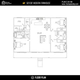 3 bedroom 2 bathroom barndominium floor plan with open-concept layout and slab foundation