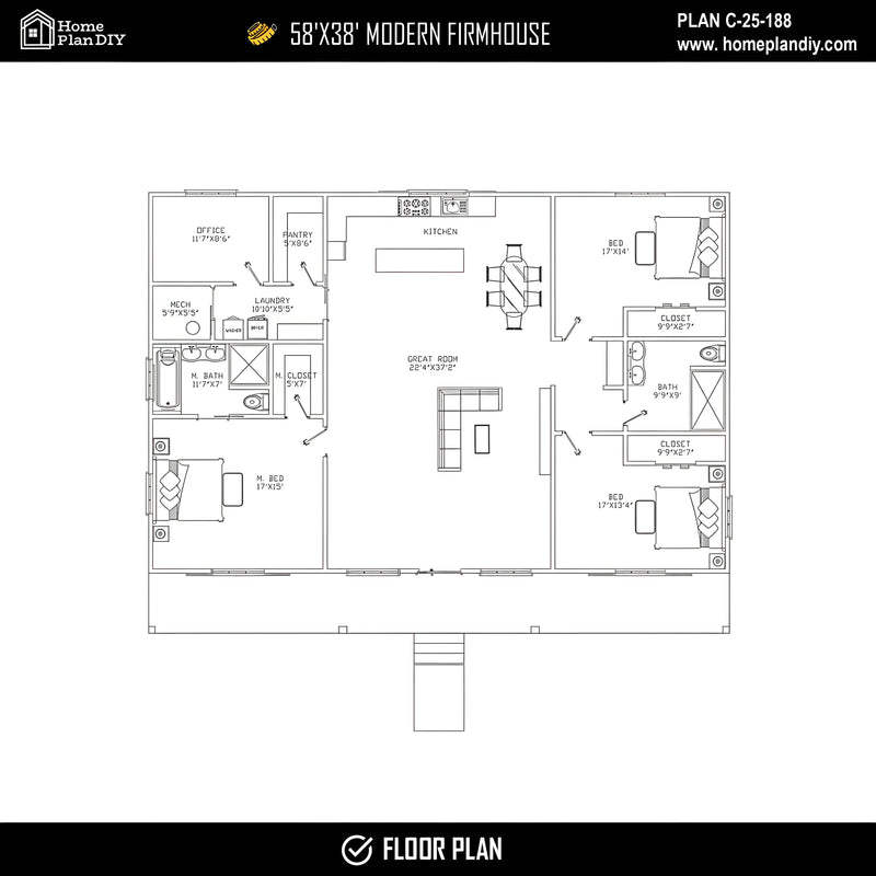 3 bedroom 2 bathroom barndominium floor plan with open-concept layout and slab foundation