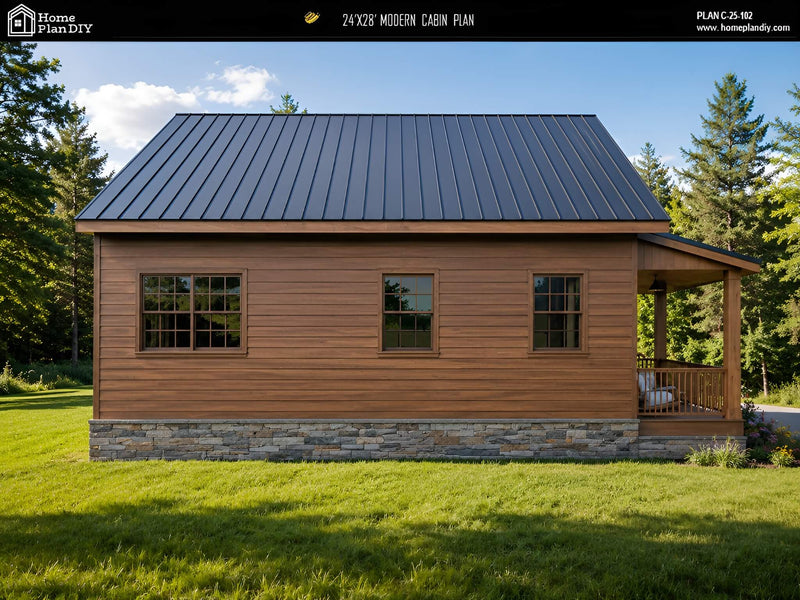 Modern cabin with a metal roof and wooden exterior in a forest setting.