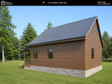 Modern cabin with wooden exterior and metal roof in a forest setting