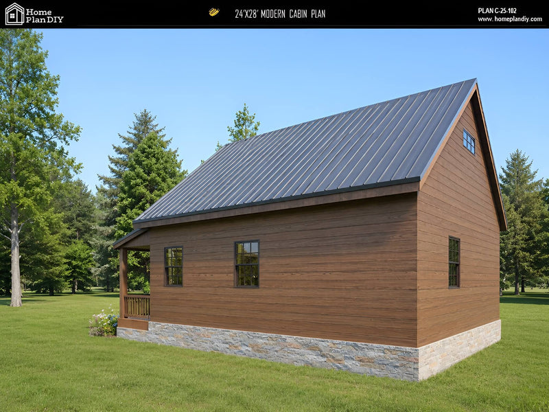 Modern cabin with wooden exterior and metal roof in a forest setting