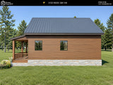 Modern cabin with wooden exterior and black roof in a forest setting