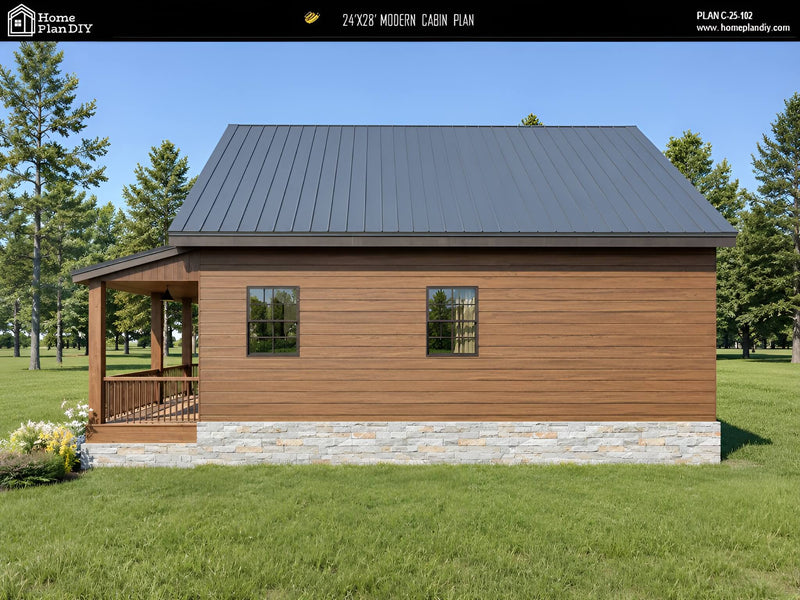 Modern cabin with wooden exterior and black roof in a forest setting