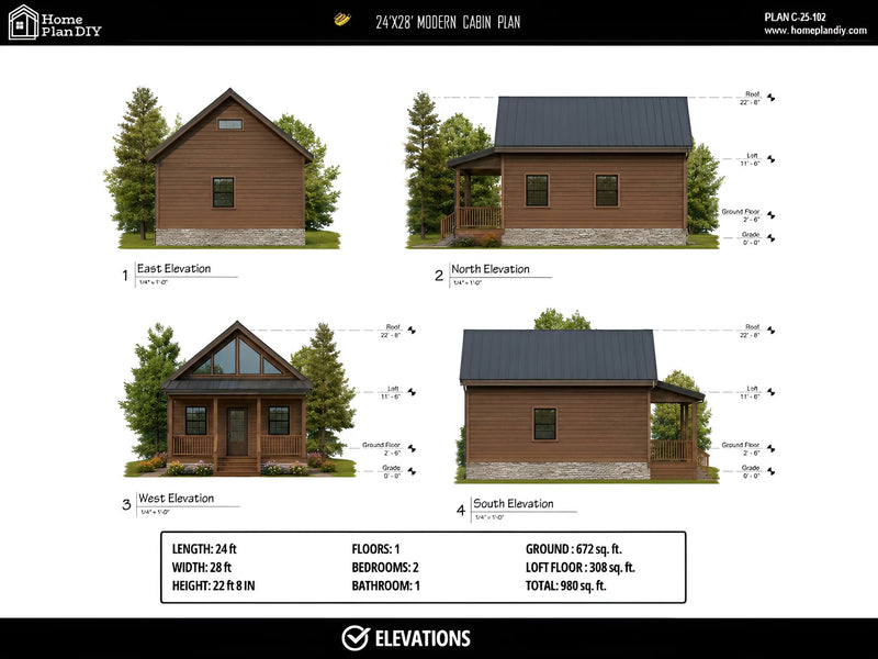 Modern cabin plan with elevations and specifications on a white background