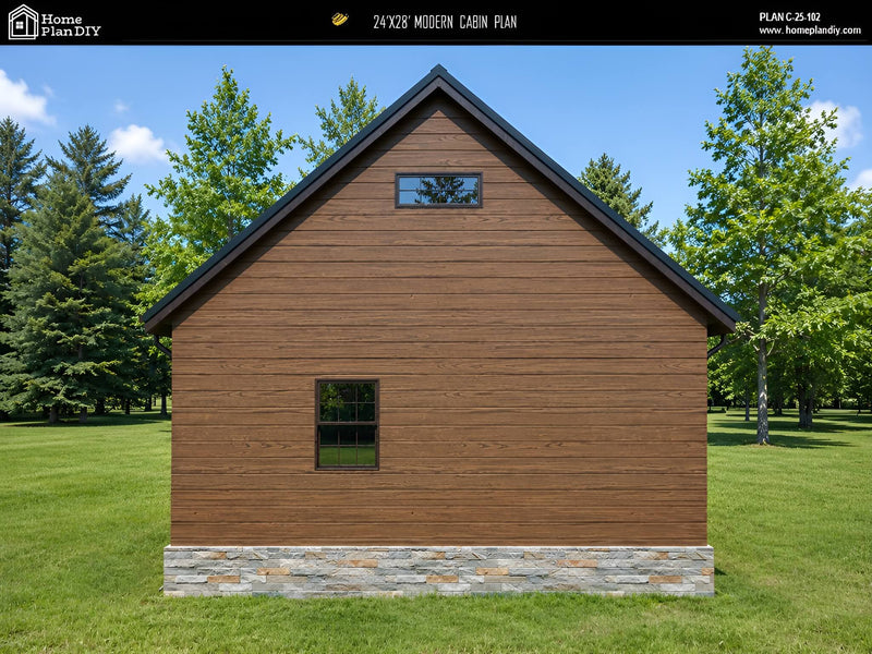 Wooden cabin with a modern design in a green, tree-filled landscape