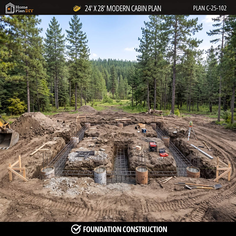 Foundation construction site for a modern cabin in a forested area