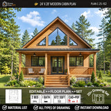 Modern cabin plan with wooden exterior and large windows, surrounded by trees.