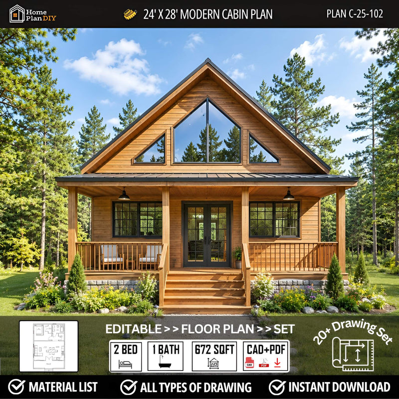 Modern cabin plan with wooden exterior and large windows, surrounded by trees.