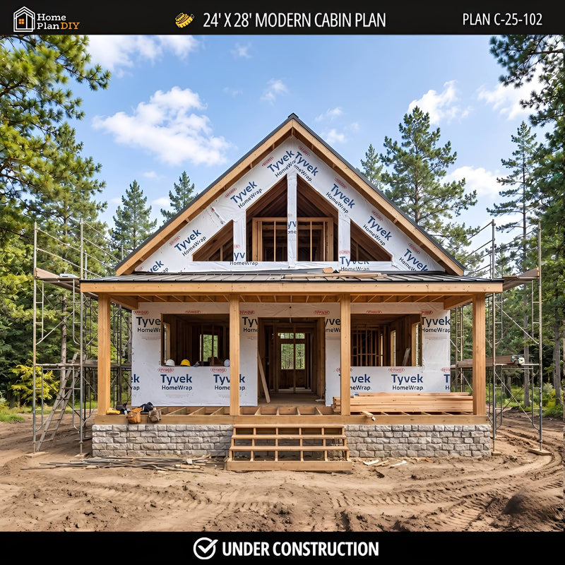 Modern cabin under construction with Tyvek sheets on walls, surrounded by trees.
