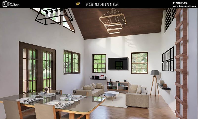 Modern living room with a dining table, sofa, and wall art.