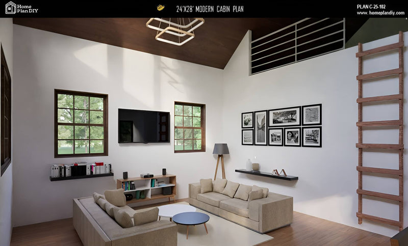 Modern living room with furniture and decor elements.