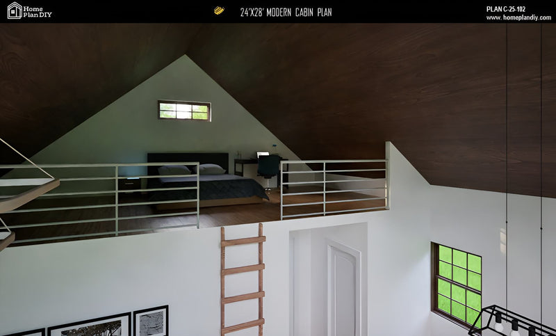 Modern cabin interior with loft bed and green window