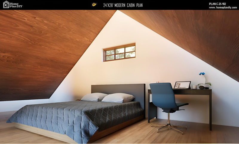 Modern bedroom with wooden ceiling, bed, desk, and chair.