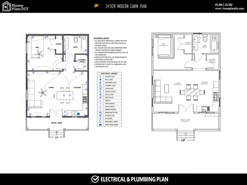 Floor plan and electrical/plumbing plan for a 24x30 modern cabin, including layout and specifications.