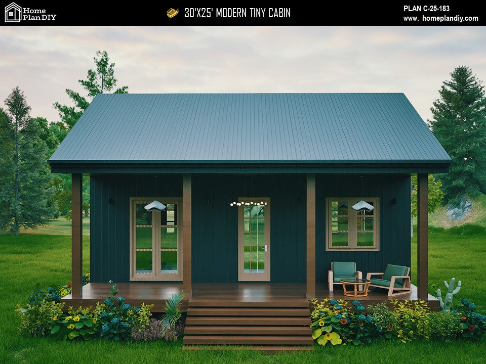 Modern tiny cabin house plan 750 sq ft with front porch – 1 bed 1 bath small home design