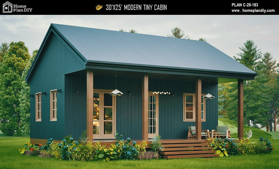 Modern tiny cabin house plan 750 sq ft with front porch – 1 bed 1 bath small home design