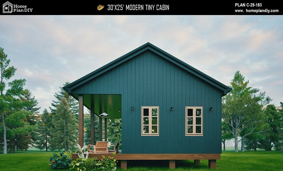 Modern tiny cabin house plan 750 sq ft with front porch – 1 bed 1 bath small home design