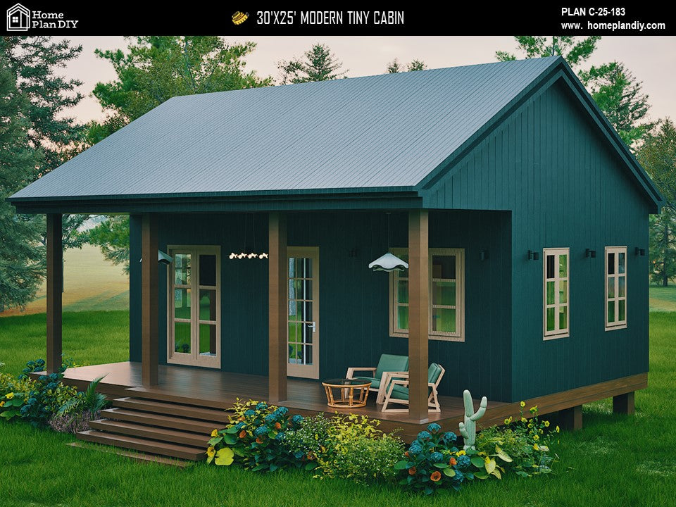 Modern tiny cabin house plan 750 sq ft with front porch – 1 bed 1 bath small home design