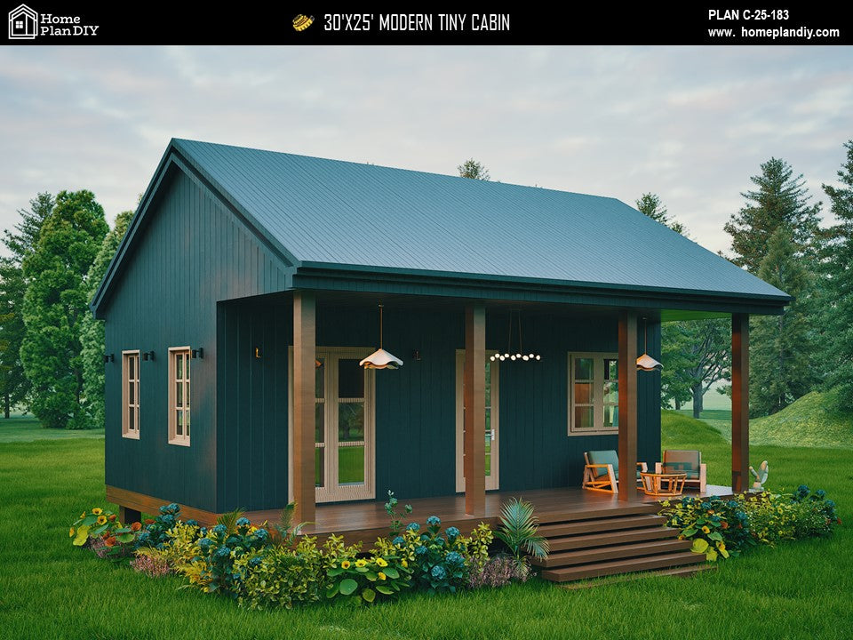 Modern tiny cabin house plan 750 sq ft with front porch – 1 bed 1 bath small home design