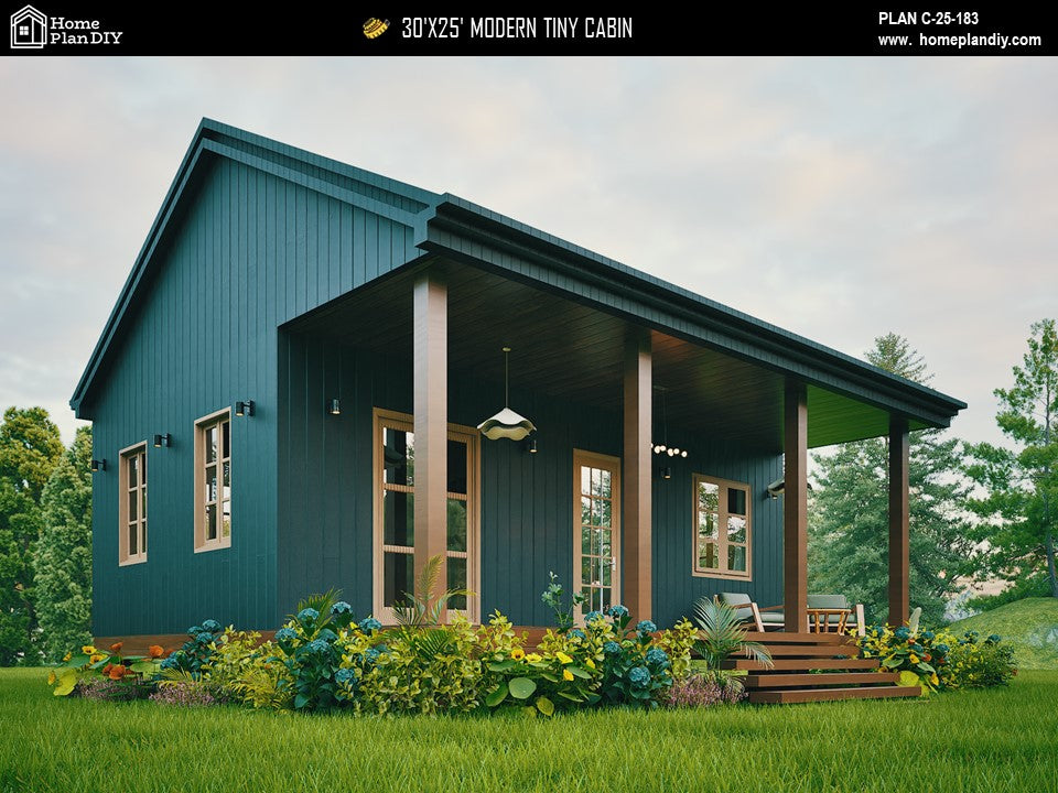 Modern tiny cabin house plan 750 sq ft with front porch – 1 bed 1 bath small home design