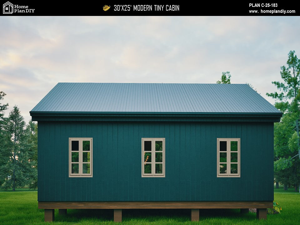Modern tiny cabin house plan 750 sq ft with front porch – 1 bed 1 bath small home design