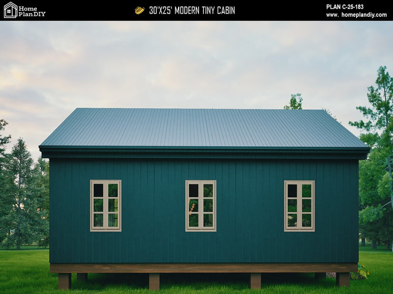 Modern tiny cabin house plan 750 sq ft with front porch – 1 bed 1 bath small home design