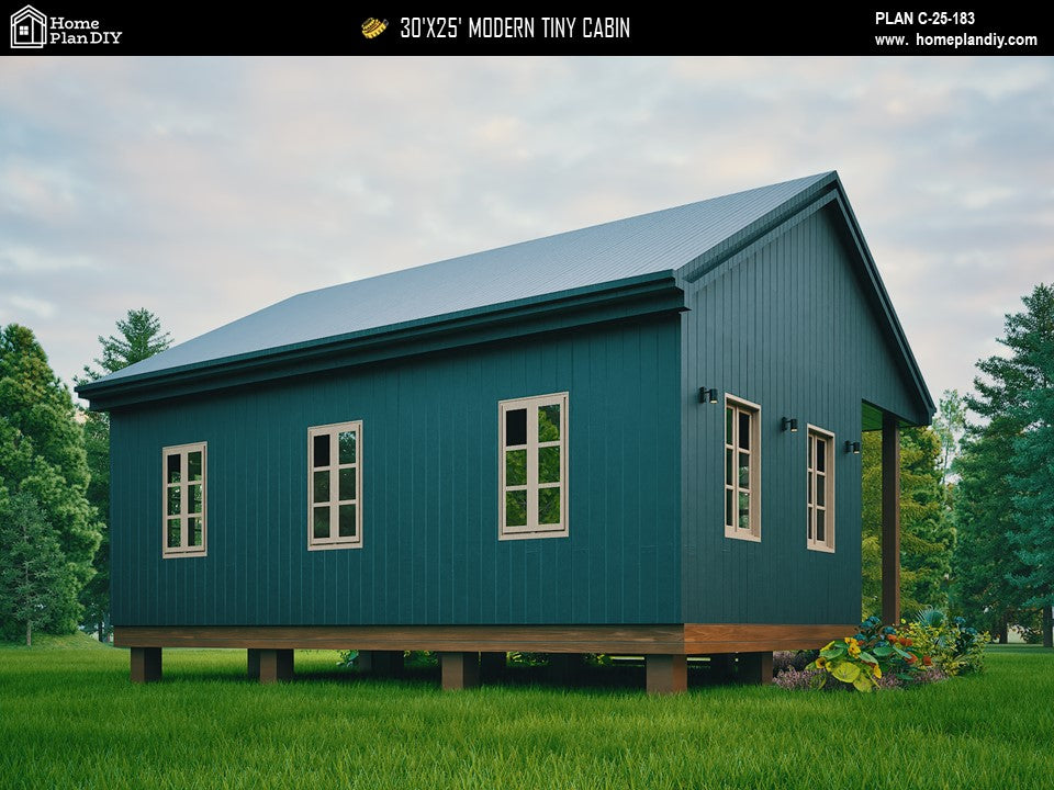 Modern tiny cabin house plan 750 sq ft with front porch – 1 bed 1 bath small home design