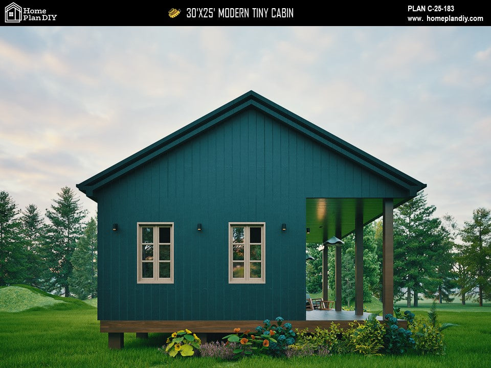 Modern tiny cabin house plan 750 sq ft with front porch – 1 bed 1 bath small home design