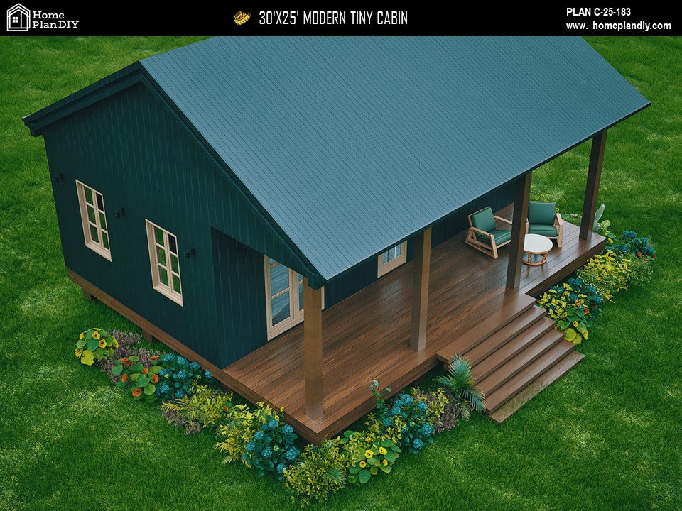 Modern tiny cabin house plan 750 sq ft with front porch – 1 bed 1 bath small home design
