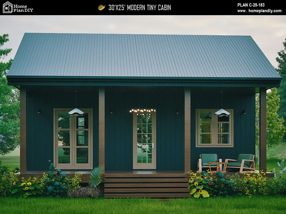 Modern tiny cabin house plan 750 sq ft with front porch – 1 bed 1 bath small home design