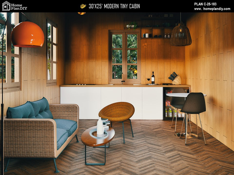 Modern tiny cabin house plan 750 sq ft with front porch – 1 bed 1 bath small home design