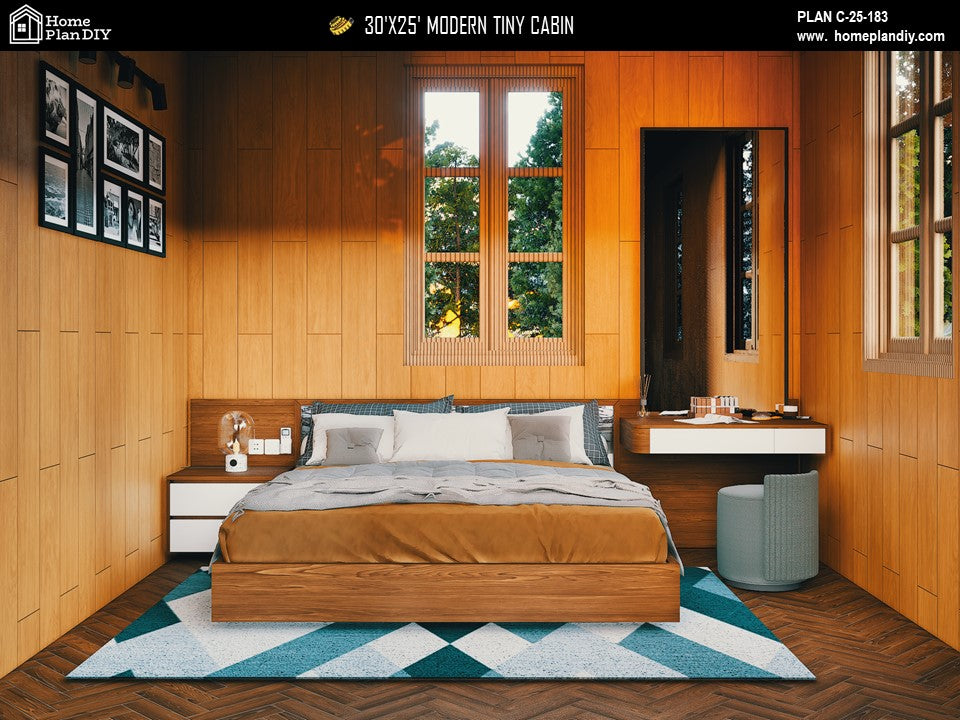 Modern tiny cabin house plan 750 sq ft with front porch – 1 bed 1 bath small home design