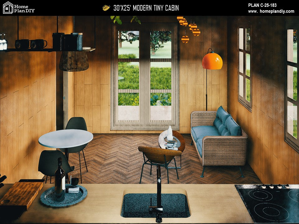 Modern tiny cabin house plan 750 sq ft with front porch – 1 bed 1 bath small home design