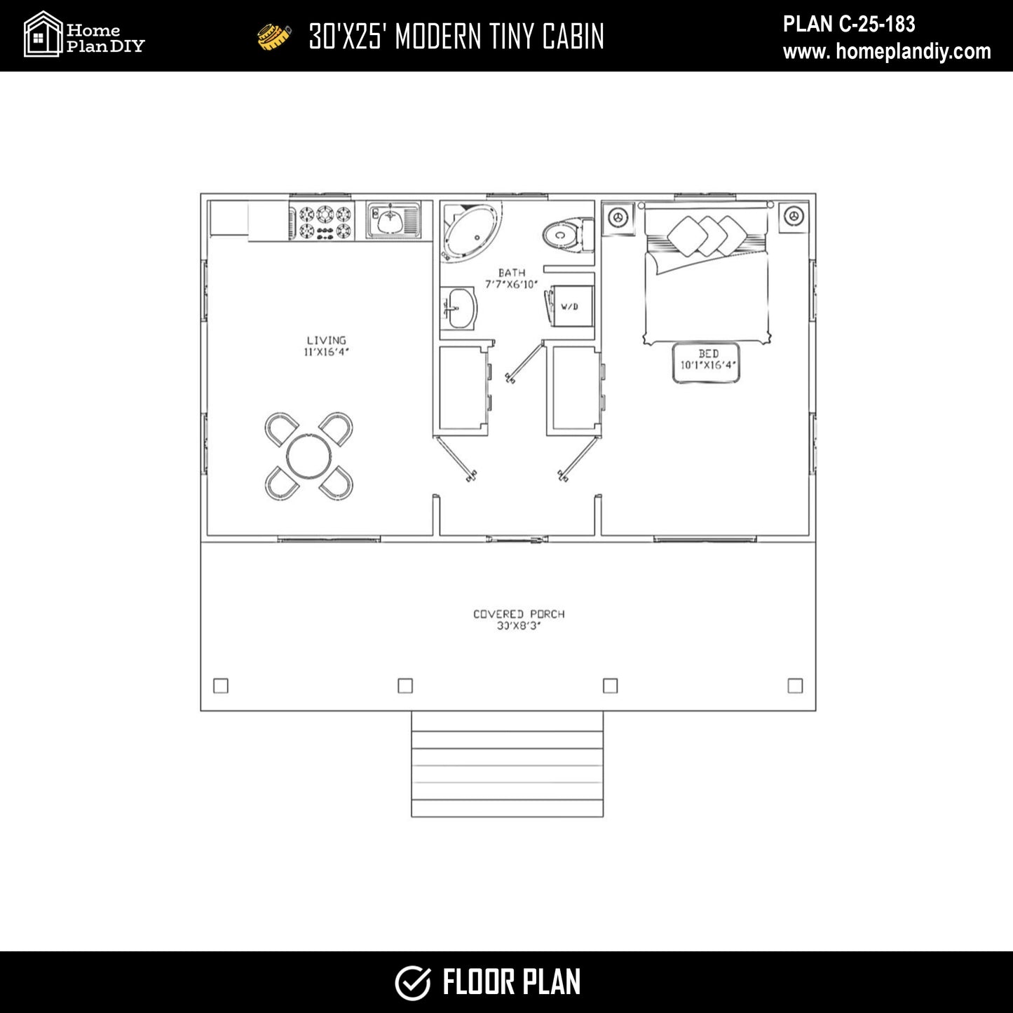 Modern tiny cabin house plan 750 sq ft with front porch – 1 bed 1 bath small home design