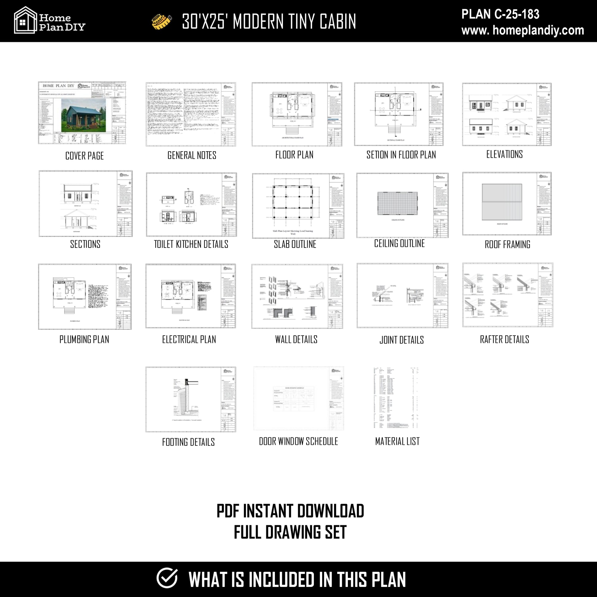 Modern tiny cabin house plan 750 sq ft with front porch – 1 bed 1 bath small home design