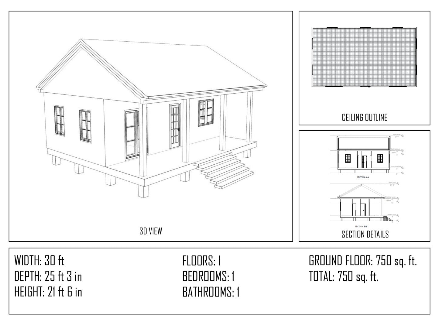 Tiny house floor plan with 1 bedroom and 1 bathroom – 750 sq ft layout
