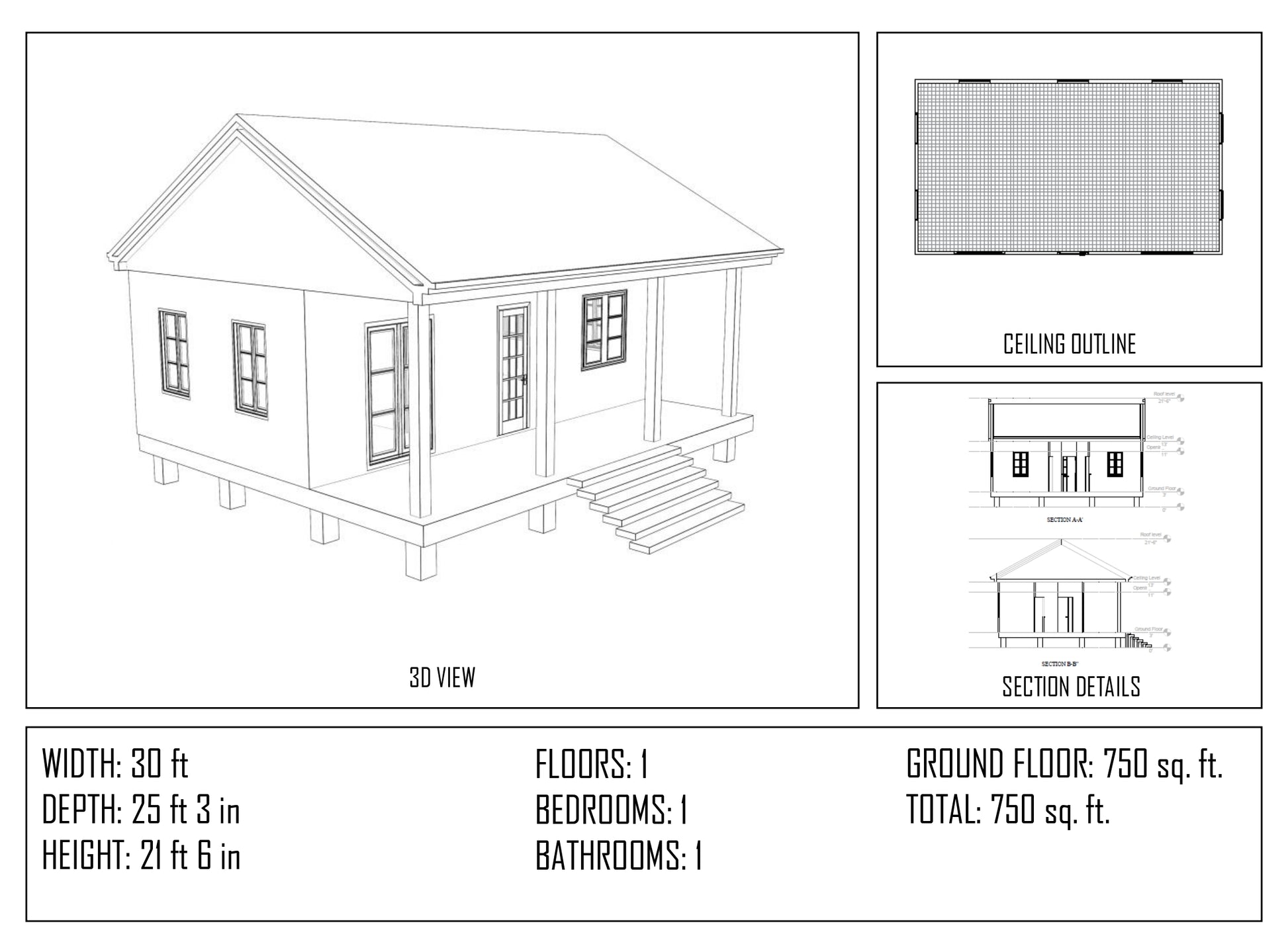 Tiny house floor plan with 1 bedroom and 1 bathroom – 750 sq ft layout