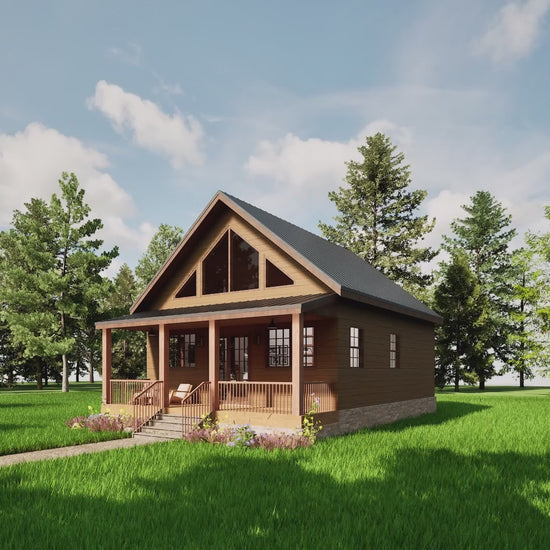 Video walkthrough of 2 bedroom 1 bathroom tiny modern cabin plan with loft