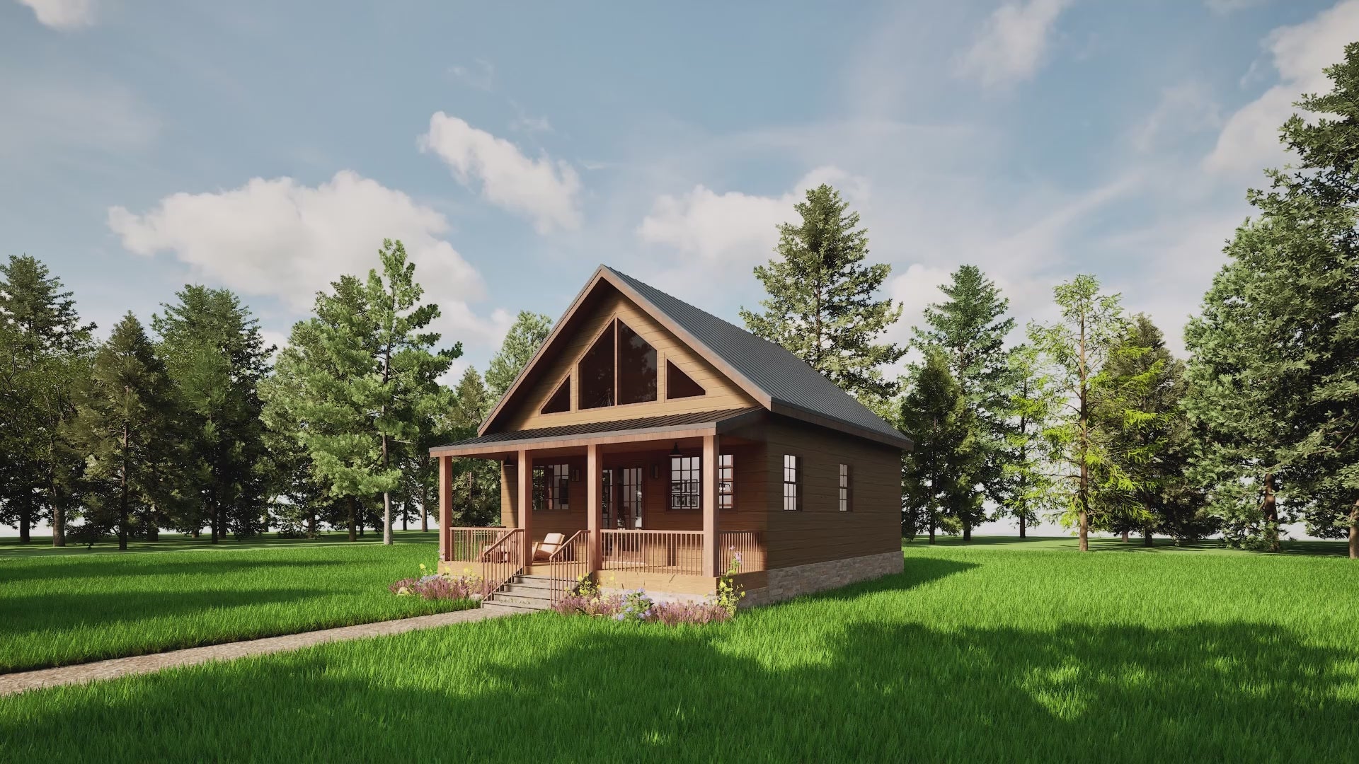 Video walkthrough of 2 bedroom 1 bathroom tiny modern cabin plan with loft