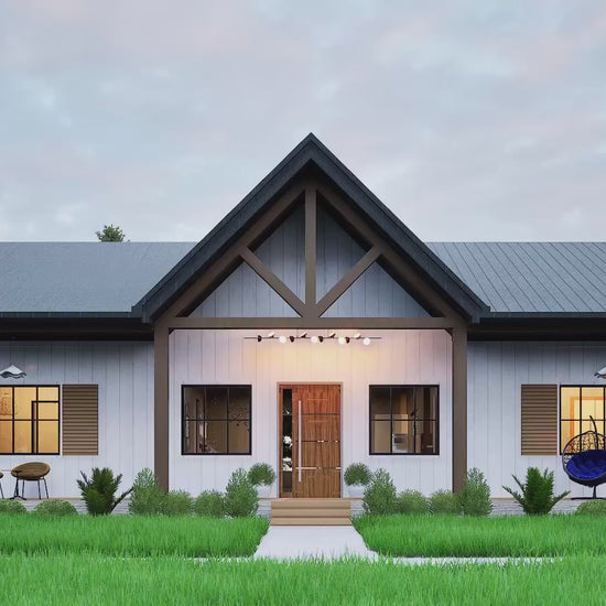 3 bedroom 2 bathroom barndominium floor plan with open-concept layout and slab foundation