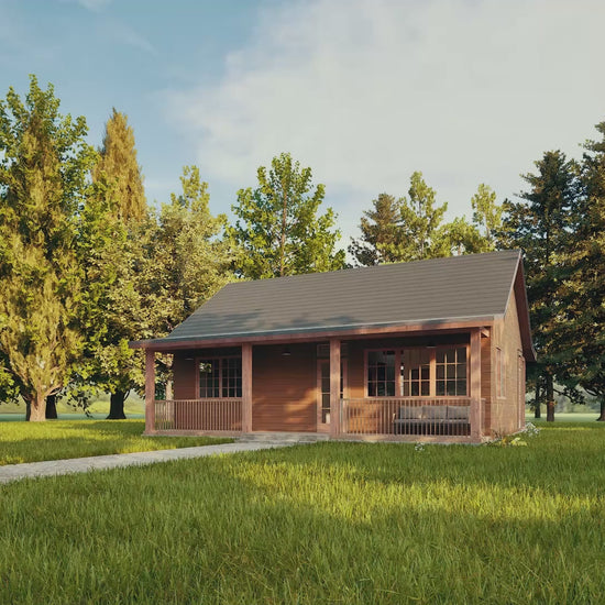 Video walkthrough of 2 bedroom 2 bathroom cozy cabin floor plan with porch